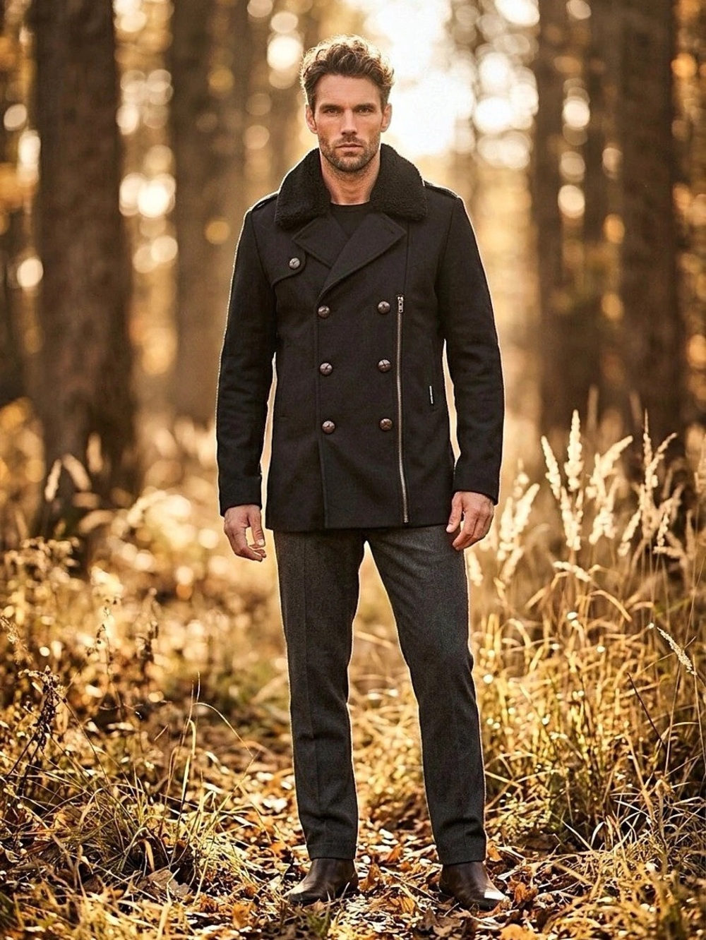 Members Only Men's Black Double Breasted Pea Coat Zip/Button Lined M 38” Chest